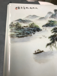 A square Chinese qianjiang cai brush pot with landscapes, 20th C.